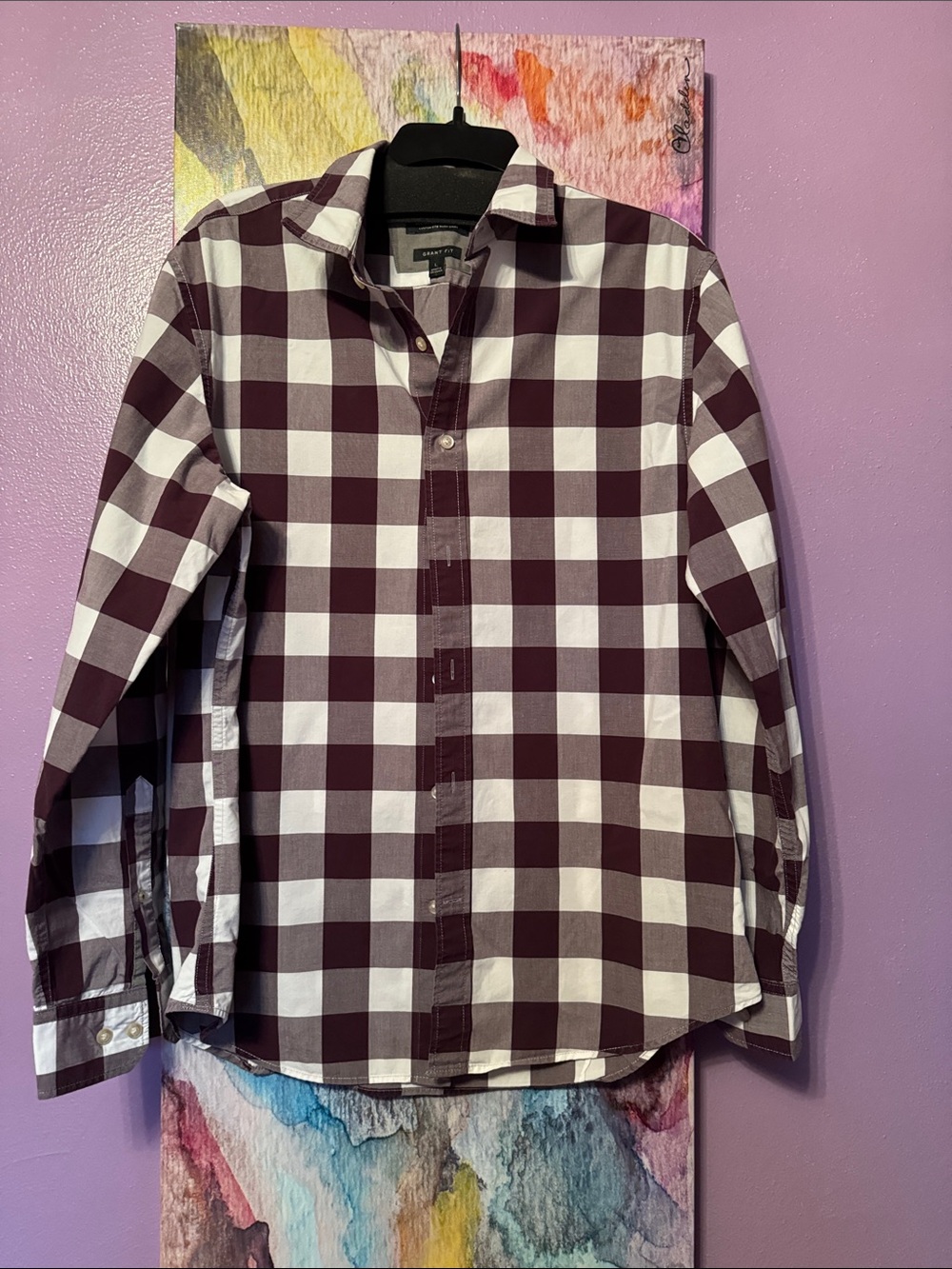 Banana Republic Men’s Maroon and White Check Button-Down Shirt